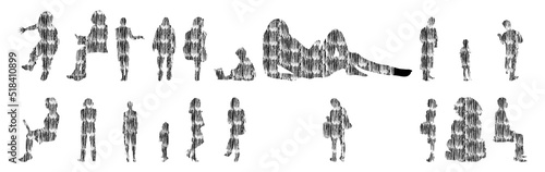 Vector silhouettes, Outline silhouettes of people, Contour drawing, people silhouette, Icon Set Isolated, Silhouette of sitting people, Architectural set	
