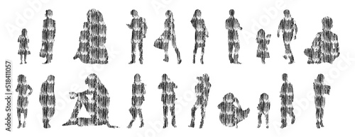 Vector silhouettes, Outline silhouettes of people, Contour drawing, people silhouette, Icon Set Isolated, Silhouette of sitting people, Architectural set	
