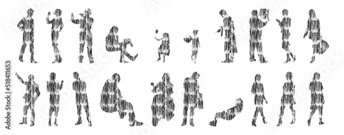 Vector silhouettes, Outline silhouettes of people, Contour drawing, people silhouette, Icon Set Isolated, Silhouette of sitting people, Architectural set	
