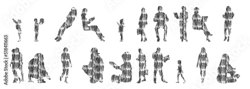 Vector silhouettes, Outline silhouettes of people, Contour drawing, people silhouette, Icon Set Isolated, Silhouette of sitting people, Architectural set	
