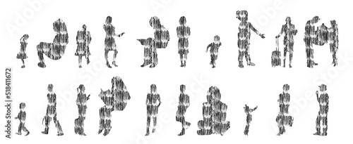 Vector silhouettes, Outline silhouettes of people, Contour drawing, people silhouette, Icon Set Isolated, Silhouette of sitting people, Architectural set	
