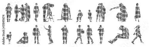 Vector silhouettes, Outline silhouettes of people, Contour drawing, people silhouette, Icon Set Isolated, Silhouette of sitting people, Architectural set	
