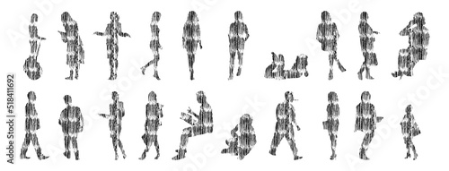Vector silhouettes, Outline silhouettes of people, Contour drawing, people silhouette, Icon Set Isolated, Silhouette of sitting people, Architectural set	
