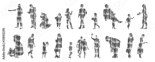 Vector silhouettes, Outline silhouettes of people, Contour drawing, people silhouette, Icon Set Isolated, Silhouette of sitting people, Architectural set	
