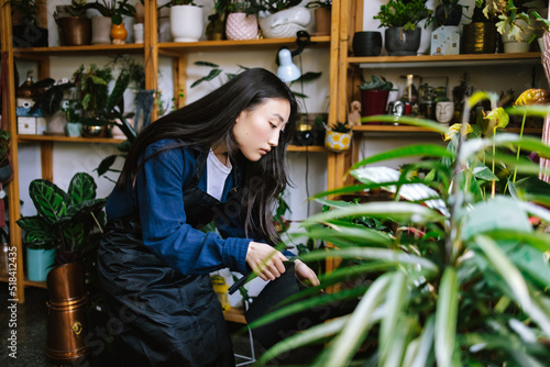 Gardener watering plants with jug inside of floral store  photo