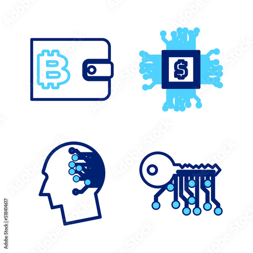 Set line Cryptocurrency exchange, Bitcoin think, CPU mining farm and wallet icon. Vector