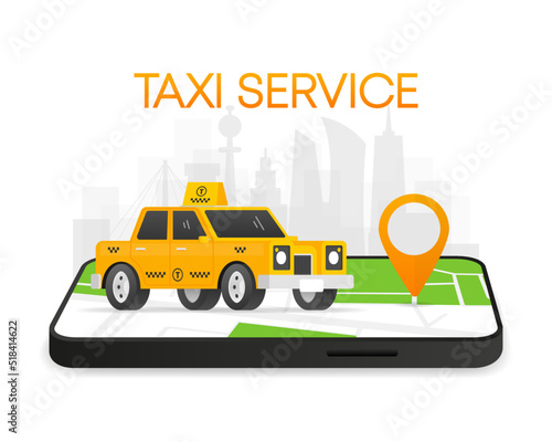 Taxi car going on map gps. Taxi service. Vector illustration.