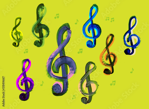 Large treble clefs and small music notes on green photo