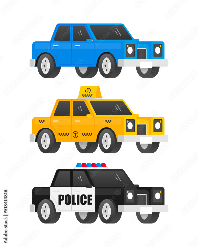 Police, taxi and ordinary car isolated on white background. Vector illustration.
