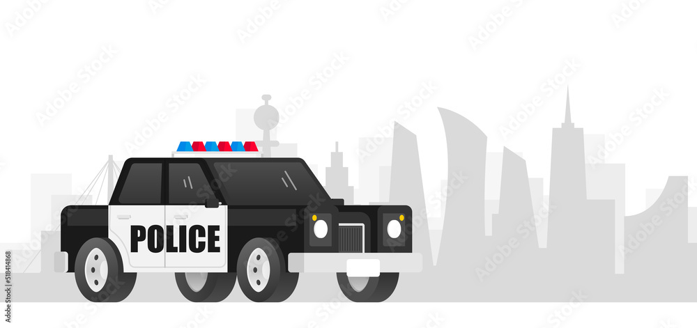 Police car isolated on city background. Vector illustration.