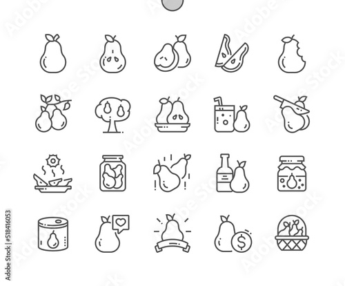 Pear fruit. Cooking, recipes and price. Whole and cut pears. Food shop, supermarket. Menu for cafe. Pixel Perfect Vector Thin Line Icons. Simple Minimal Pictogram