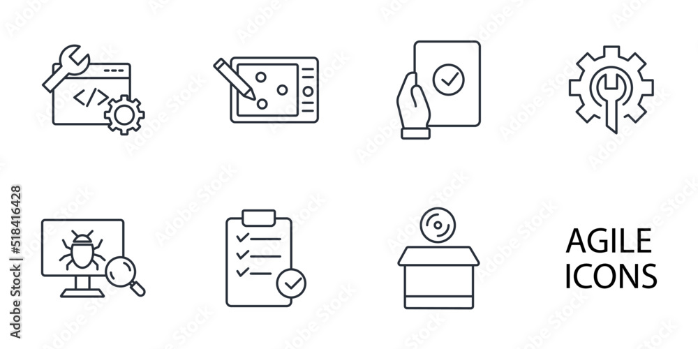 Agile development software business web computer agility icons set . Agile development software business web computer agility pack symbol vector elements for infographic web Agile development software business web computer agility icons set . Agile development software business web computer agility pack symbol vector elements for infographic web
