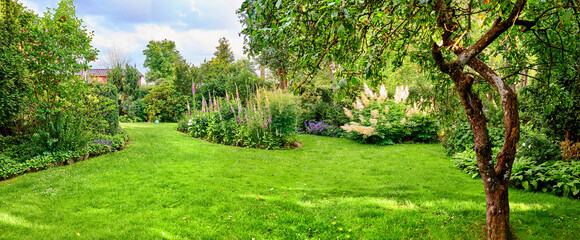 Keuken achterwand Tuin Botanische tuin met zomerbloemen in zonlicht  © Dhoxax/peopleimages.com