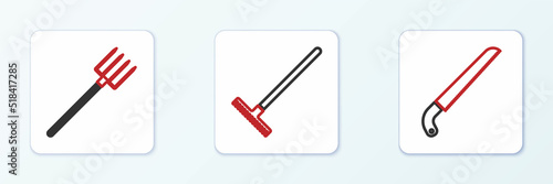 Set line Garden saw, pitchfork and rake icon. Vector