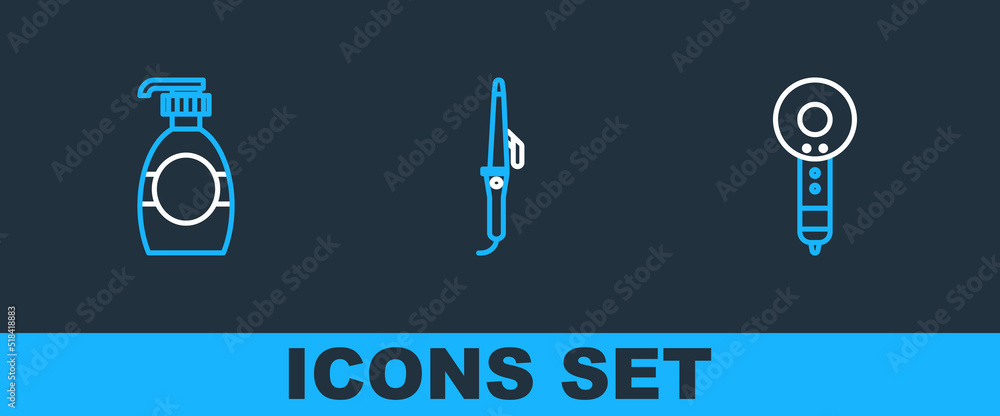 Set line Hair dryer, Bottle of liquid soap and Curling iron icon. Vector Set line Hair dryer, Bottle of liquid soap and Curling iron icon. Vector