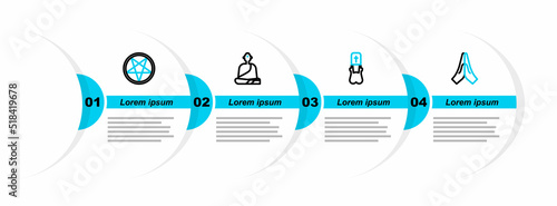Set line Hands in praying position, Priest, Buddhist monk and Pentagram circle icon. Vector