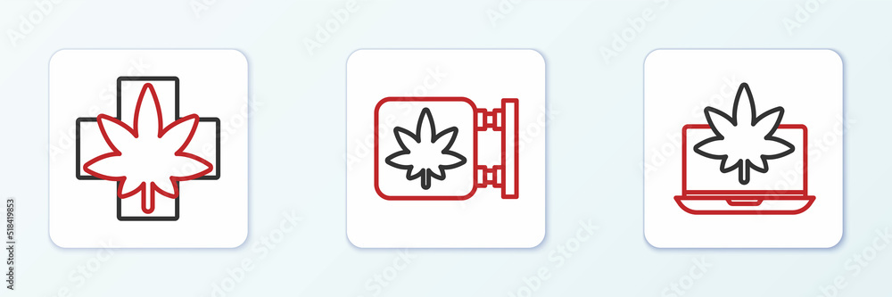 Set line Laptop and marijuana or cannabis, Medical leaf and Marijuana store icon. Vector