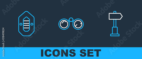 Set line Road traffic signpost, Rafting boat and Binoculars icon. Vector