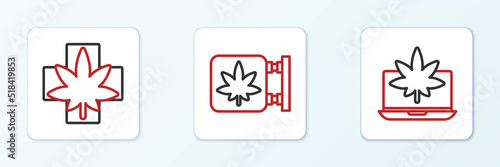 Set line Laptop and marijuana or cannabis, Medical leaf and Marijuana store icon. Vector