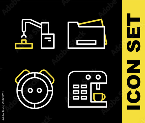 Set line Printer, Coffee machine, Robot vacuum cleaner and Robotic robot arm hand factory icon. Vector