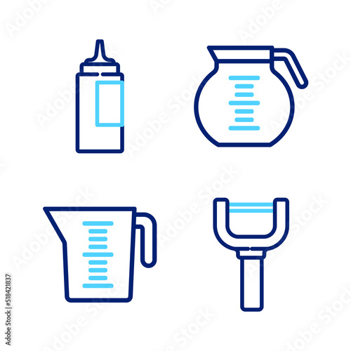 Set line Peeler  Measuring cup  Coffee pot and Sauce bottle icon. Vector