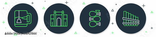 Set line India Gate in Delhi, Tandoori chicken, Cup of tea with tea bag and Pan flute icon. Vector