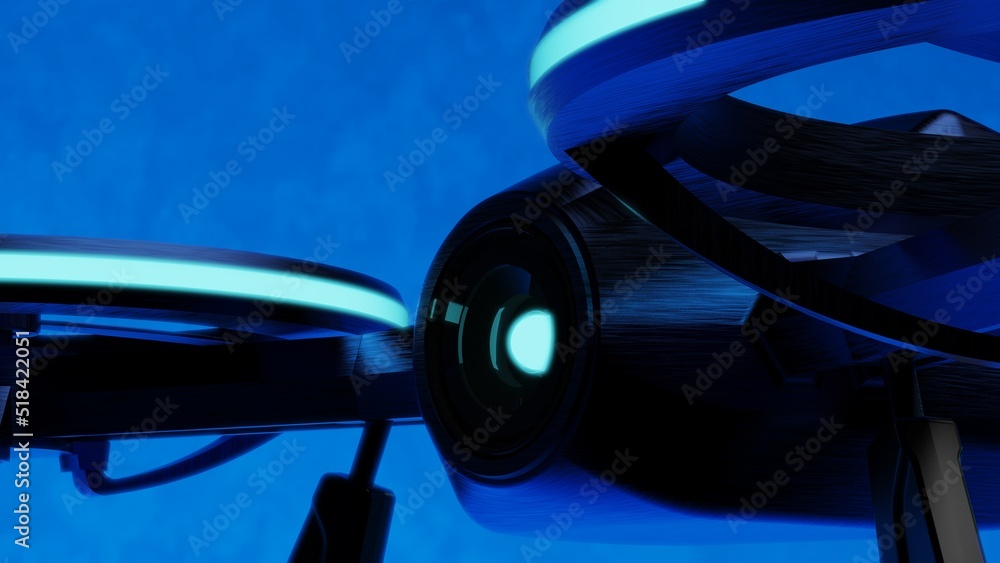 Powerful metallic blue drone loaded with some of blue light, most advanced imaging and flight technologies under blue-black background. Concept image of video production. 3D CG.
