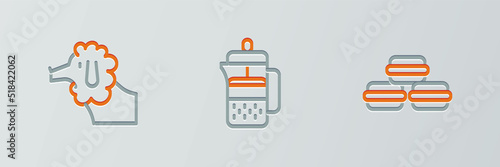 Set line Macaron cookie, Poodle dog and French press icon. Vector