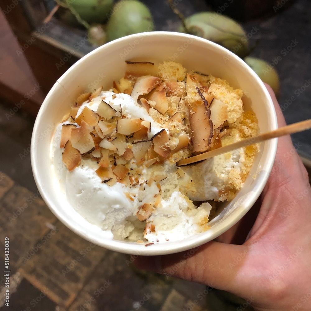 Coconut Ice Cream with Toasted Coconut Flakes and Coconut Brittle in Bali Coconut Ice Cream with Toasted Coconut Flakes and Coconut Brittle in Bali