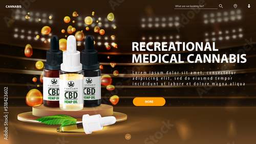 Banner with podium with glass bottles of Medical cbd oil with hemp leaf and CBD oil drops in gold stadium arena with spotlights