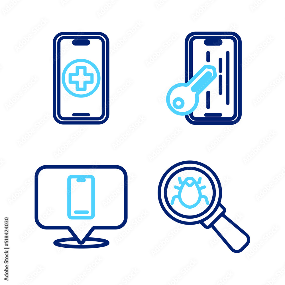 Set line System bug, Phone repair service, Glass screen protector and icon. Vector Set line System bug, Phone repair service, Glass screen protector and icon. Vector