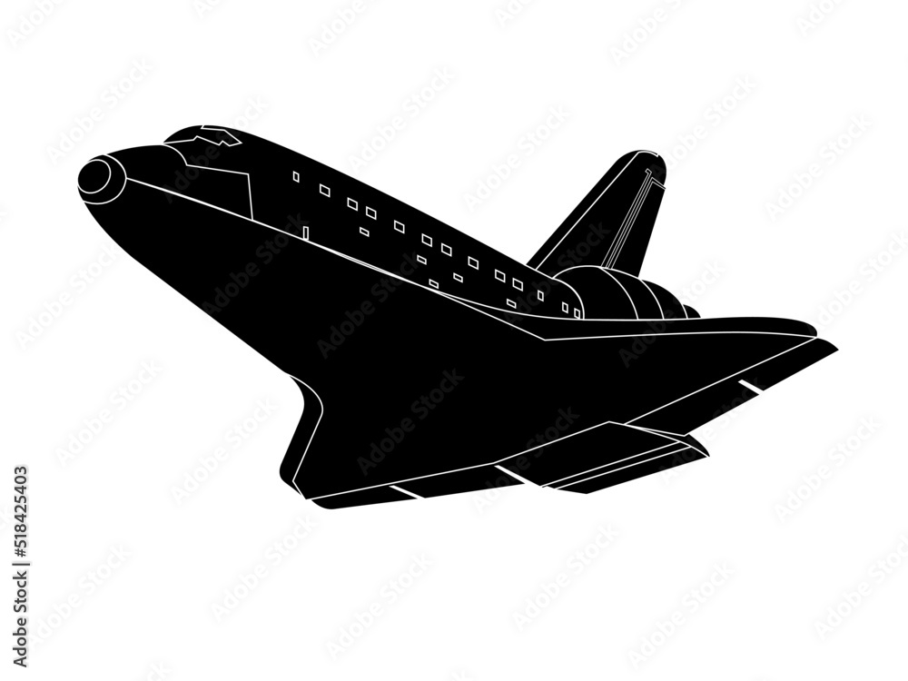 Landing black colored Space Shuttle side view isolated on white background. Vector illustration.