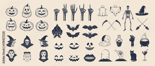 Halloween vector icons set. 42 Halloween vintage icons and silhouettes isolated on white background. Spooky decorations for logo, emblem, poster, banner, invitation, background design.