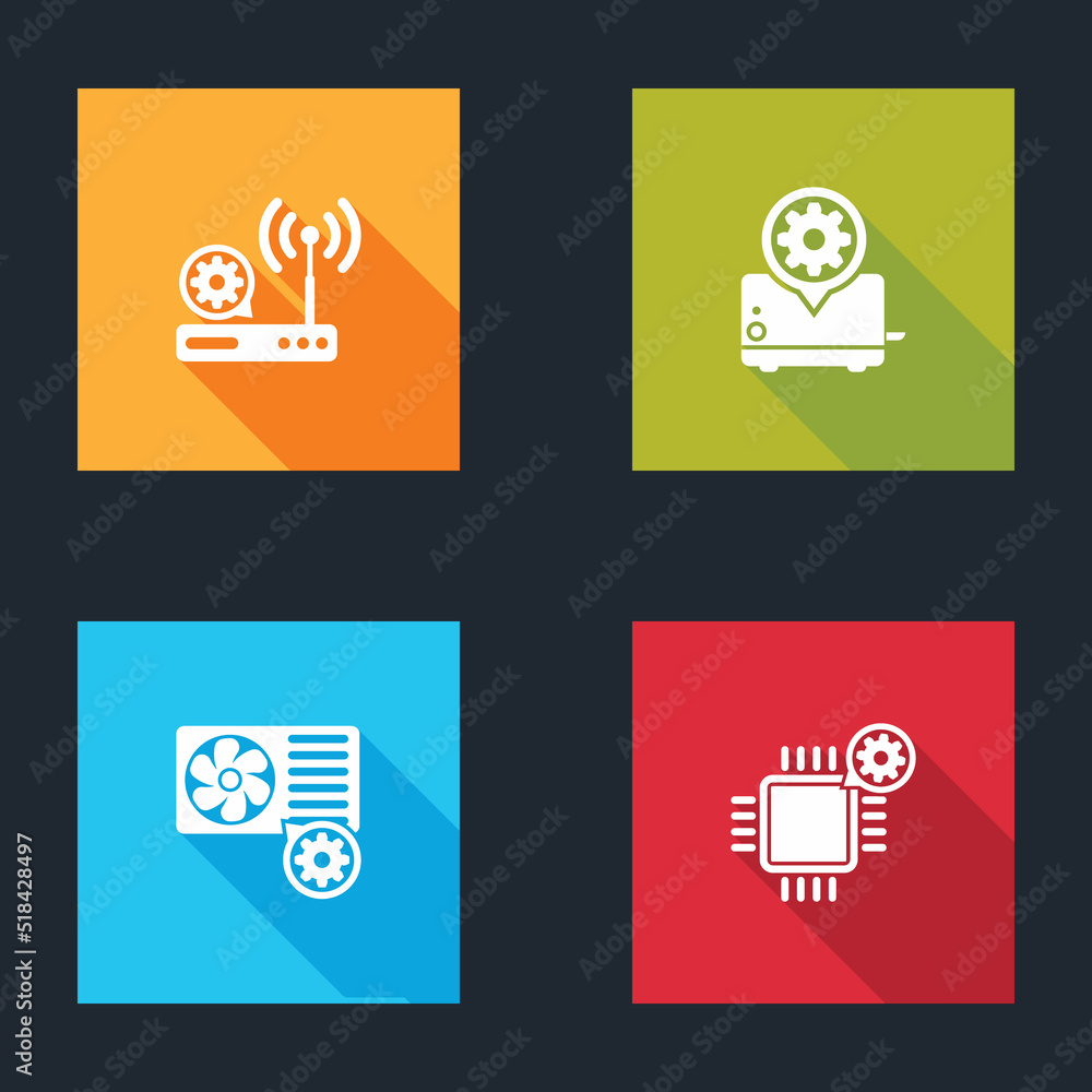 Set Router and wi-fi setting, Toaster, Air conditioner and Processor icon. Vector Set Router and wi-fi setting, Toaster, Air conditioner and Processor icon. Vector
