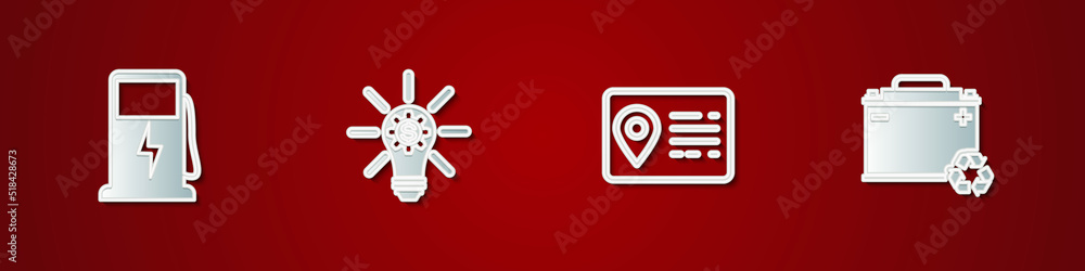 Set Electric car charging station, Light bulb with gear, Address book and Car battery recycle icon. Vector Set Electric car charging station, Light bulb with gear, Address book and Car battery recycle icon. Vector