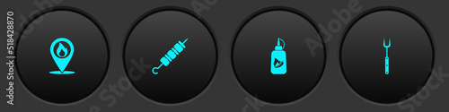Set Location with fire flame, Grilled shish kebab, Ketchup bottle and Barbecue fork icon. Vector