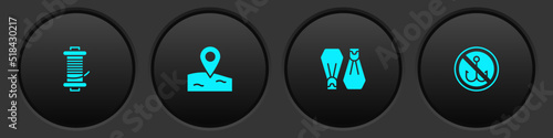 Set Spinning reel for fishing, Location, Rubber flippers swimming and No icon. Vector