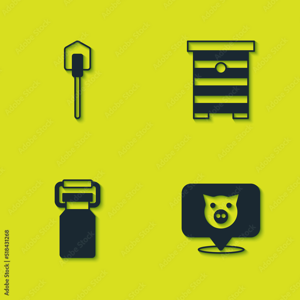 Set Shovel, Pig, Can container for milk and Hive bees icon. Vector Set Shovel, Pig, Can container for milk and Hive bees icon. Vector