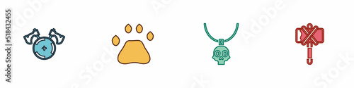 Set Medieval shield with axe, Bear paw footprint, Necklace amulet and icon. Vector