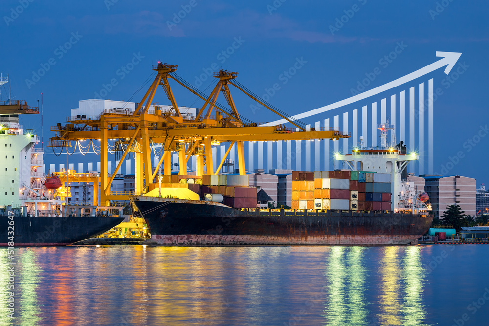 Cargo ship, cargo container work with crane at dock, port or harbour. Freight transport with up arrow, increase graph or bar chart. Concept for export, growth market, trade, profit, demand and supply. Cargo ship, cargo container work with crane at dock, port or harbour. Freight transport with up arrow, increase graph or bar chart. Concept for export, growth market, trade, profit, demand and supply.