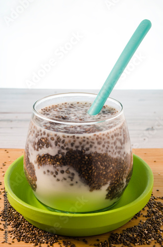 glass of milk with chia seeds and spoon on white background