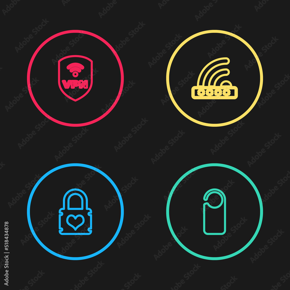 Set line Padlock with heart, Please do not disturb, Wifi locked and Shield VPN wireless icon. Vector Set line Padlock with heart, Please do not disturb, Wifi locked and Shield VPN wireless icon. Vector
