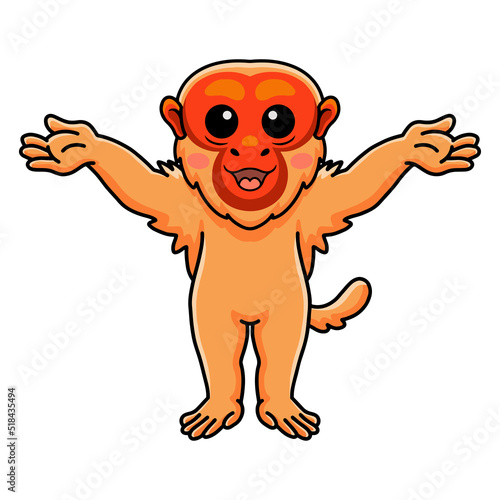 Cute bald uakari monkey cartoon raising hands
