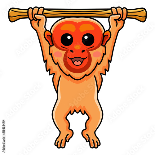 Cute bald uakari monkey cartoon hanging on tree