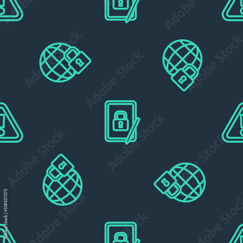 Set line Tablet with closed padlock, Global lockdown and Exclamation mark in triangle on seamless pattern. Vector