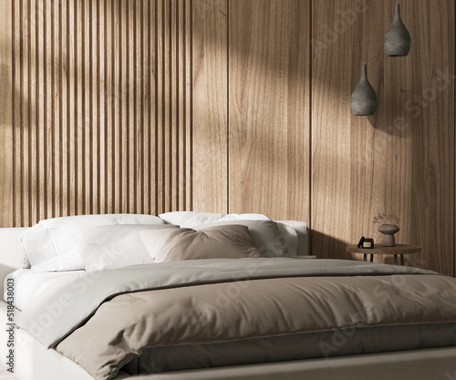 Bedroom interior with wooden panel wall