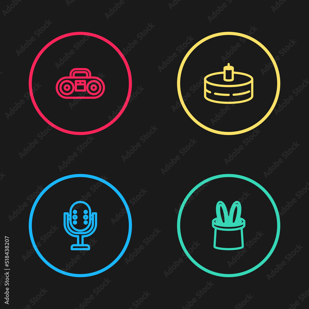 Set line Microphone, Magician hat and rabbit ears, Cake with burning candles and Home stereo two speakers icon. Vector Set line Microphone, Magician hat and rabbit ears, Cake with burning candles and Home stereo two speakers icon. Vector