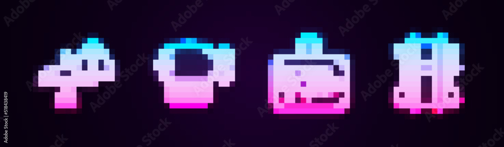 Set line Warning aircraft, Airship, Suitcase and Parachute. Glowing neon icon. Vector