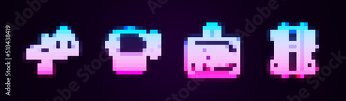 Set line Warning aircraft, Airship, Suitcase and Parachute. Glowing neon icon. Vector