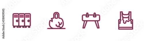 Set line Locker or changing room, Pommel horse, Broken weight and Sweaty sleeveless t-shirt icon. Vector